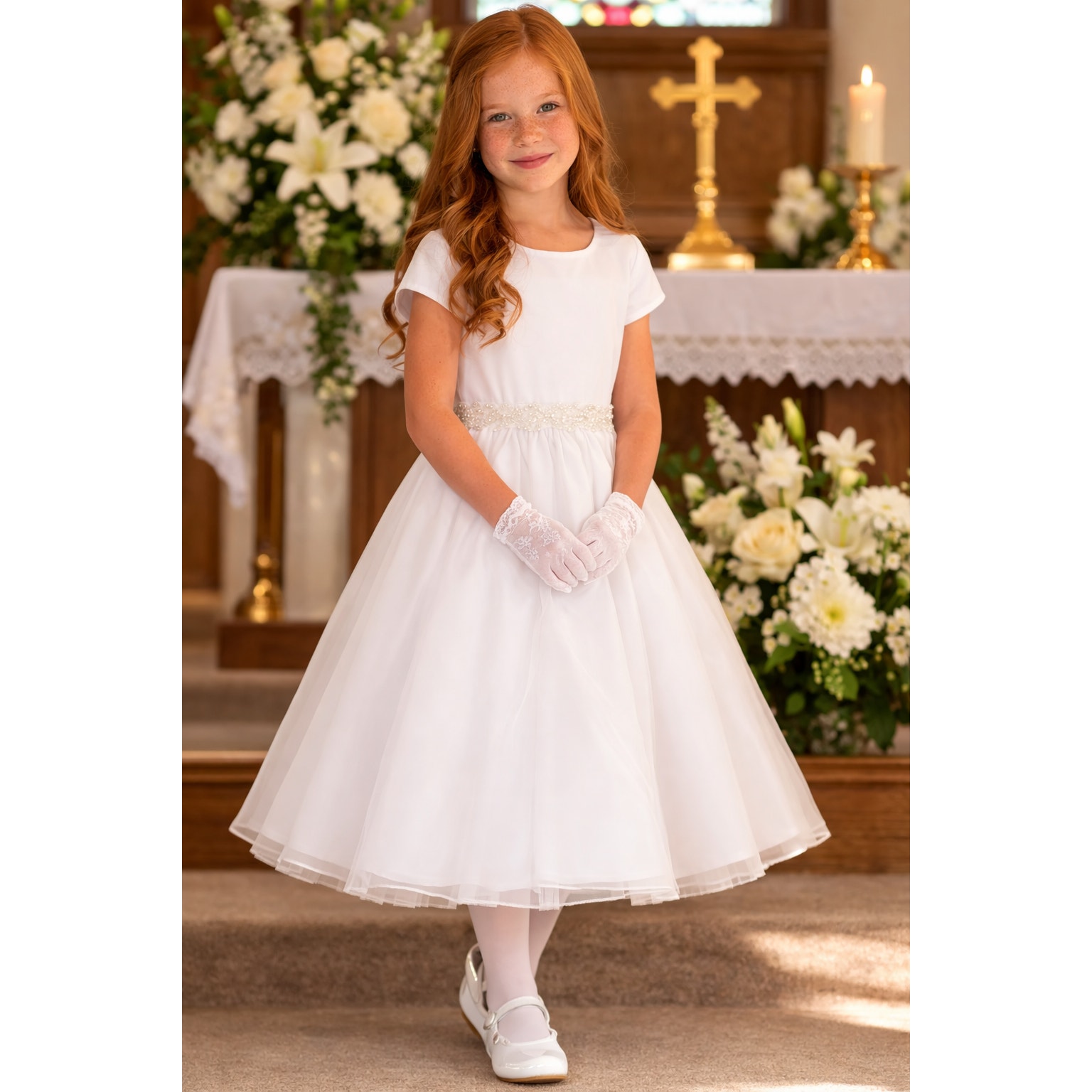 New Girls First Holy Communion Dress Size 8 - Satin & Crystal Organza Tea-Length